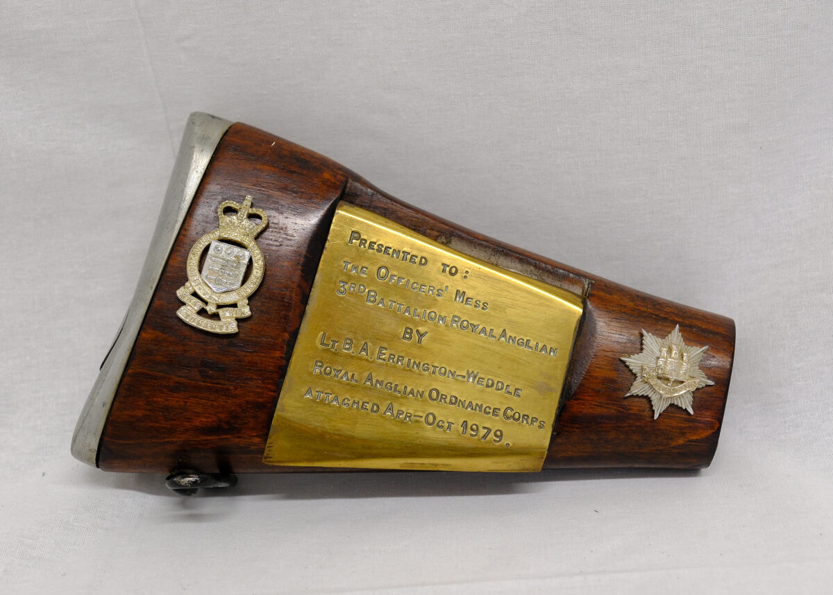 Royal Anglian Regiment Presentation item - Rifle Butt. Presented by Lieutenant B A Errington-Weddle RAOC 1979