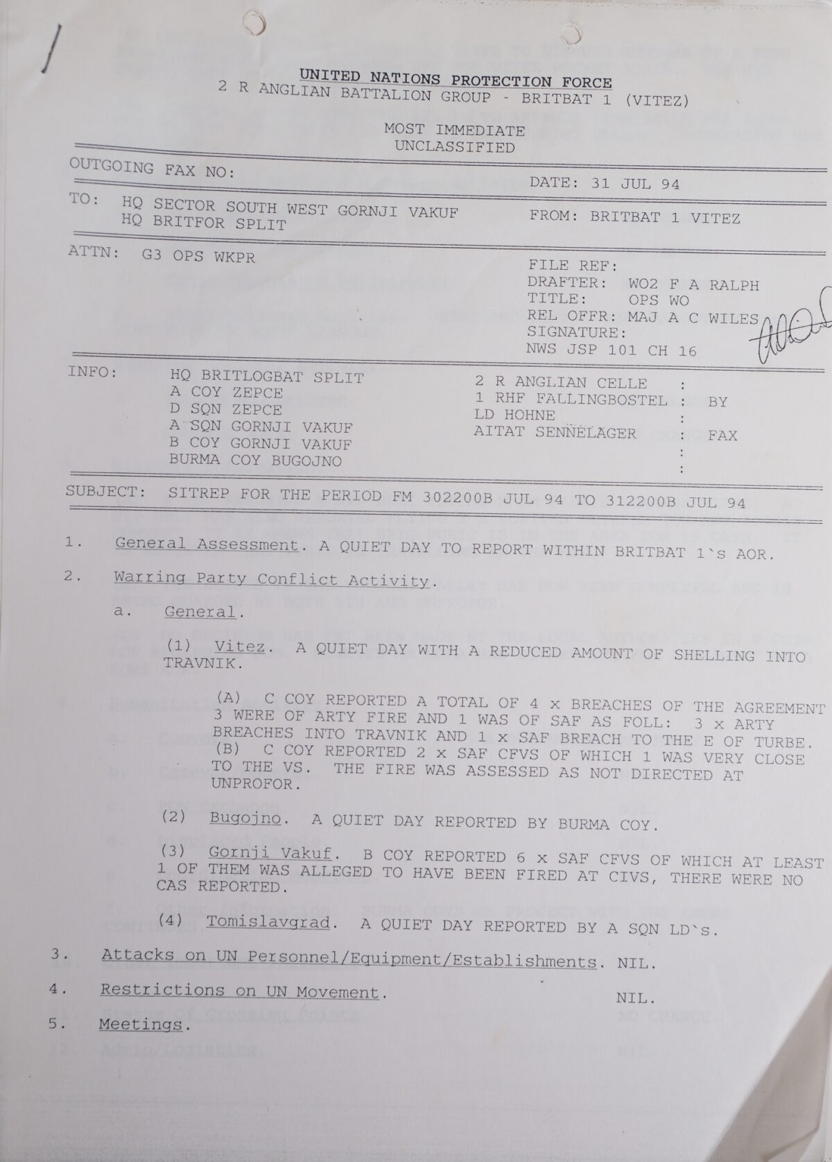 UN Protection Force BRITBAT VITEZ Sitrep Military Force Summary document 1994