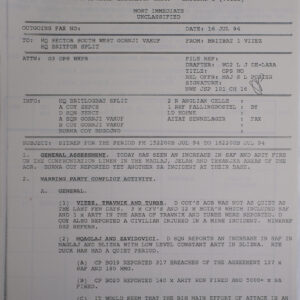 UN Protection Force BRITBAT Vitez Sitrep Military Force Summary document 1994