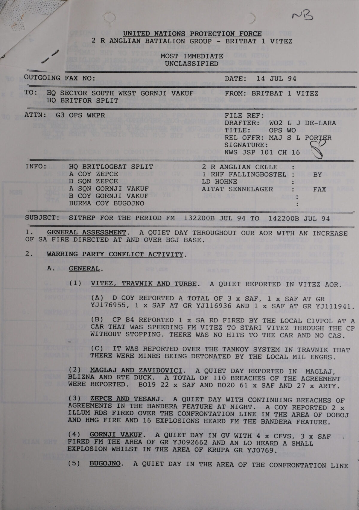 UN Protection Force BRITBAT Vitez Sitrep Military Force Summary document 1994