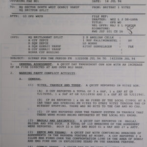 UN Protection Force BRITBAT Vitez Sitrep Military Force Summary document 1994