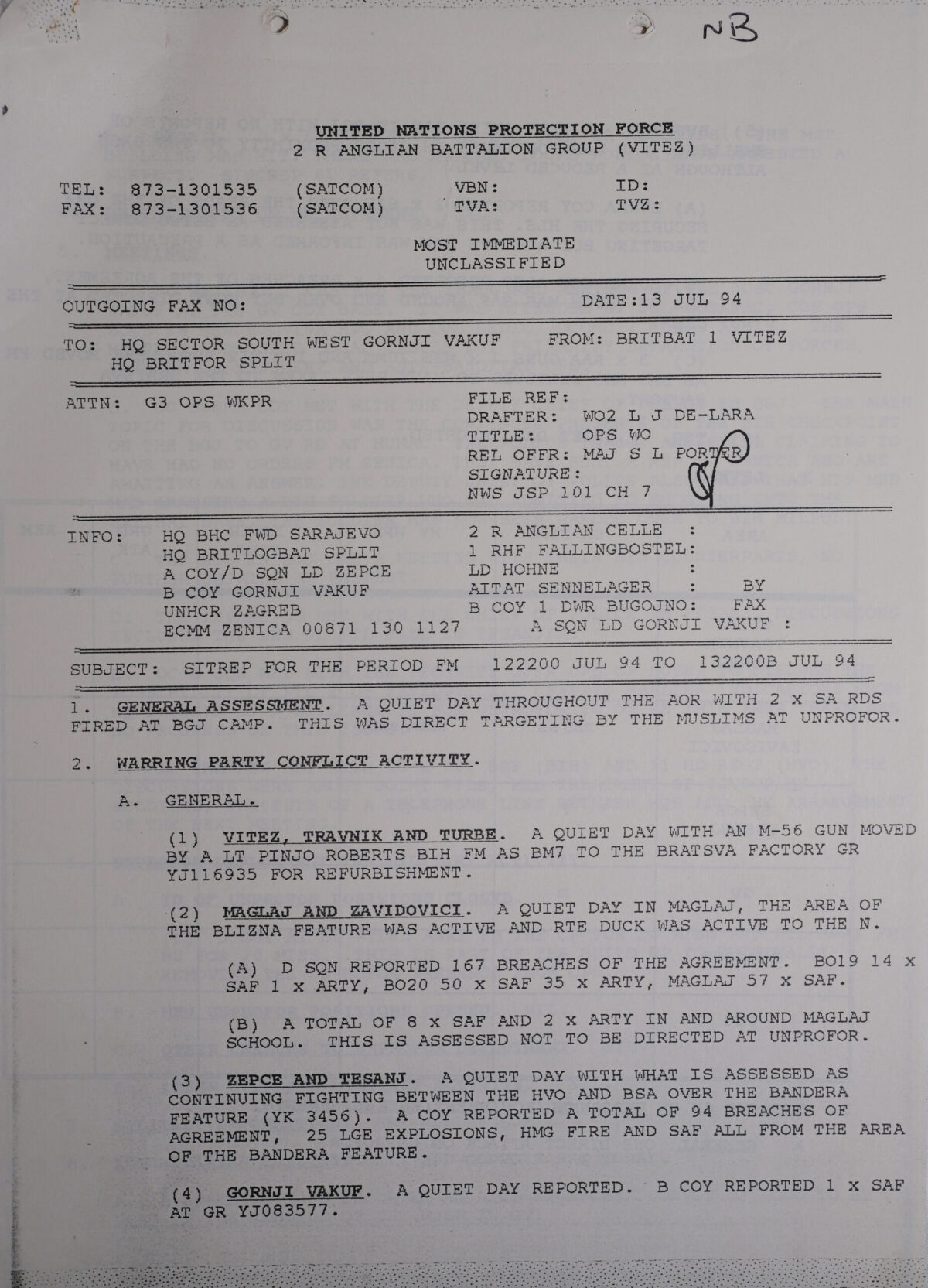 UN Protection Force BRITBAT Vitez Sitrep Military Force Summary document 1994