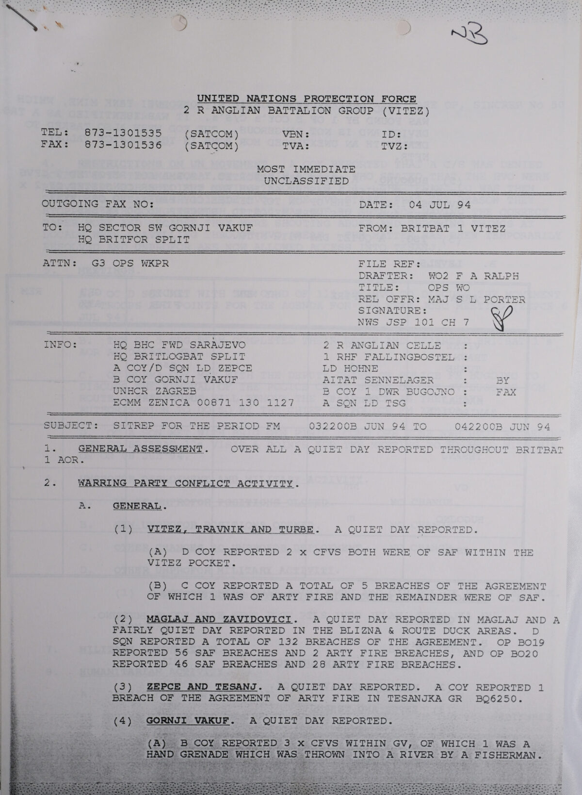 UN Protection Force BRITBAT Vitez Sitrep Military Force Summary document 1994