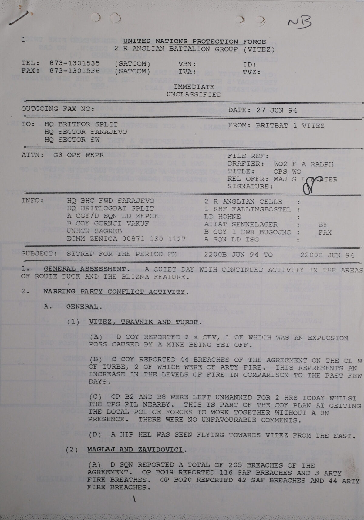 UN Protection Force BRITBAT Vitez Sitrep Military Force Summary document 1994