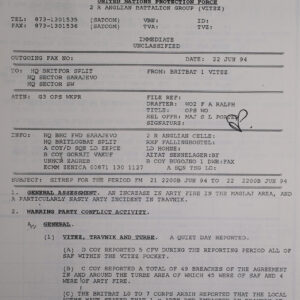 UN Protection Force BRITBAT Vitez Sitrep Military Force Summary document 1994