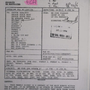 UN Protection Force BRITBAT Vitez Sitrep Military Force Summary document 1994