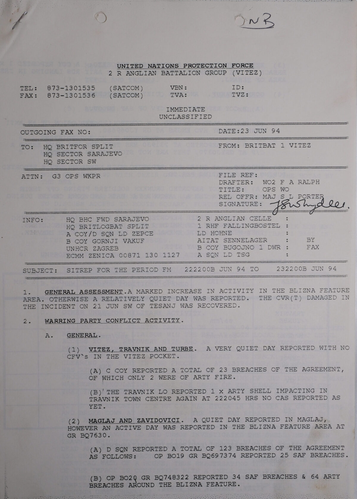 UN Protection Force BRITBAT Vitez Sitrep Military Force Summary document 1994