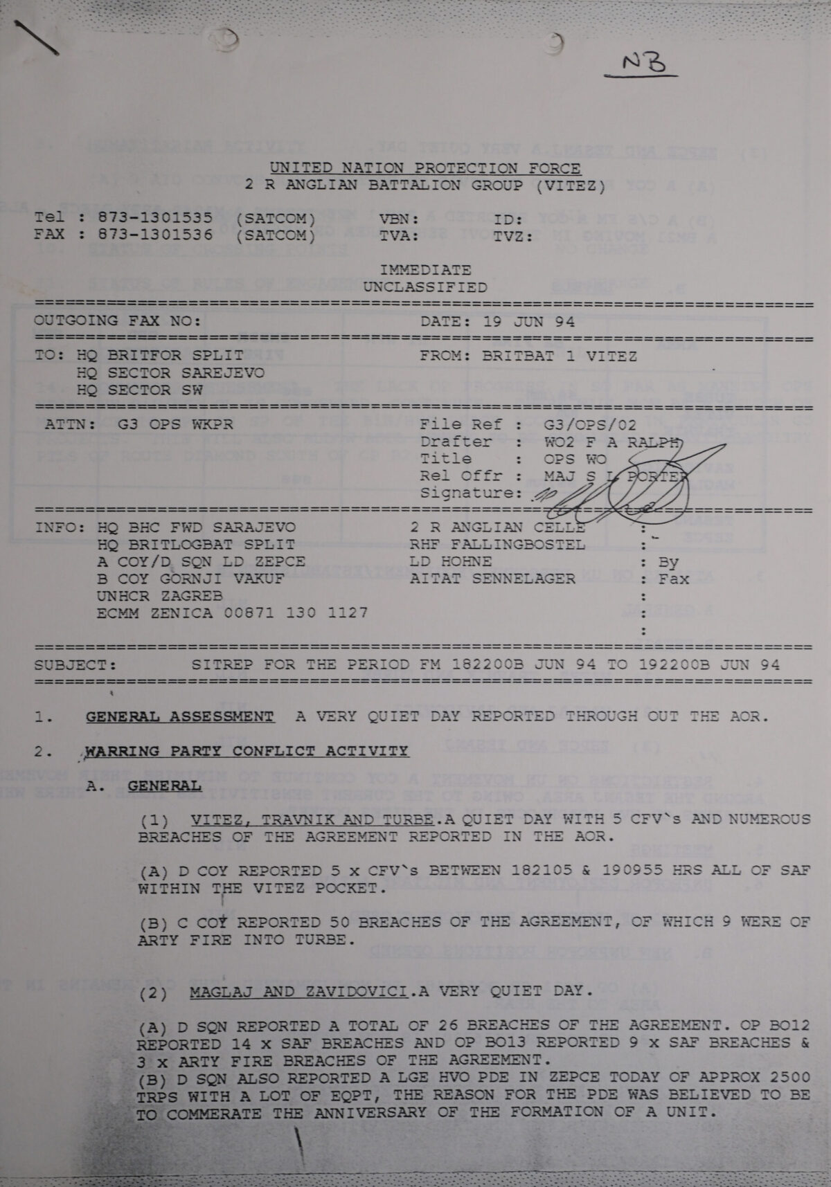 UN Protection Force BRITBAT Vitez Sitrep Military Force Summary document 1994