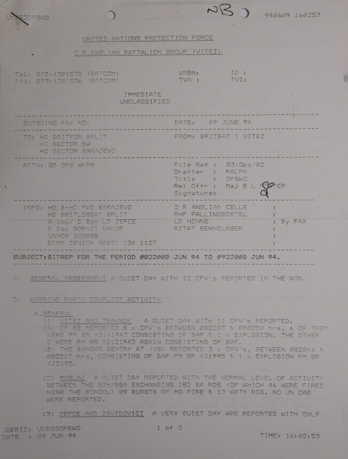 UN Protection Force BRITBAT VITEZ Sitrep Military Force Summary document 1994